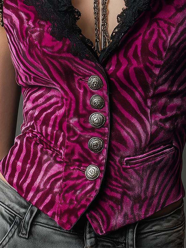 Vintage Magenta Velvet Animal Print Lace Collar Metal Button Vest