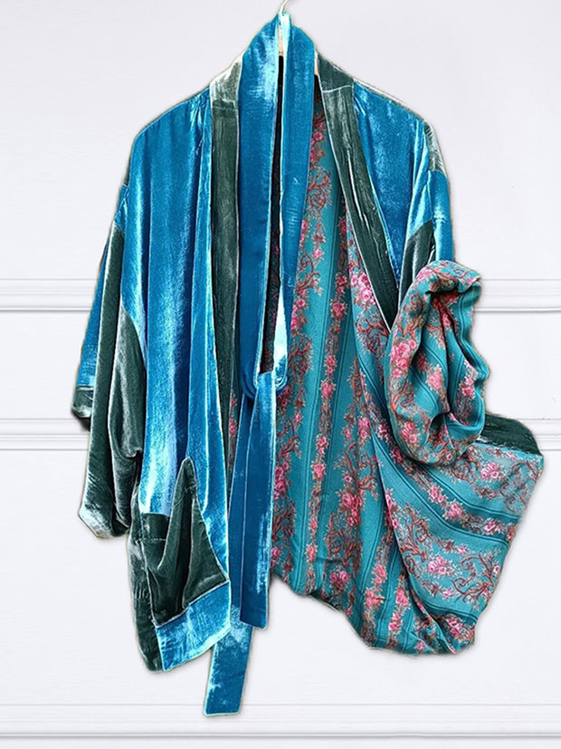 Lined Striped Floral Print Fashion Short Kimono Duster