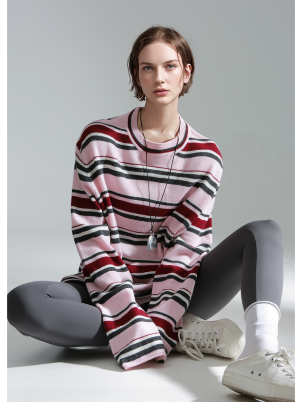 Wide Stripe Wool Knit Sweater for Women – Soft and Cozy Round Neck Pullover for Autumn/Winter