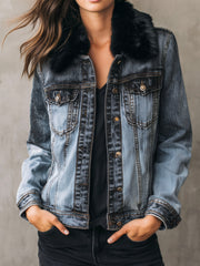 Black Eco Fur Collar Washed Blue Denim Jacket