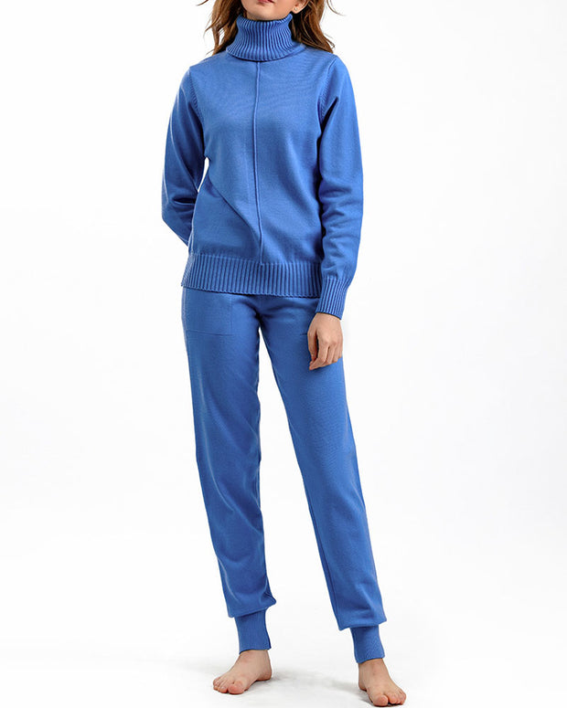 Turtleneck solid color sweater knitted two-piece set