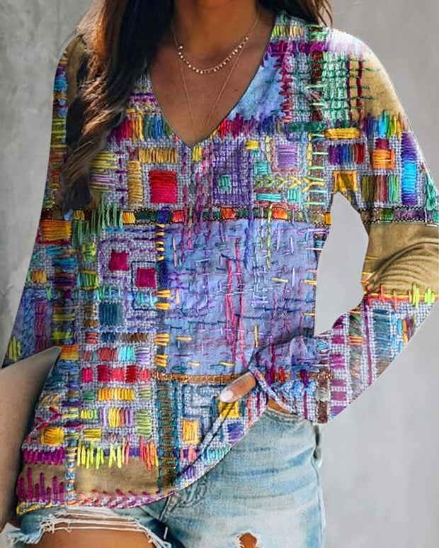 Women's Bohemian Patchwork Art Pattern Print Casual V-Neck Long Sleeve T-Shirt