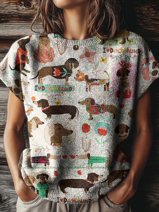 Women's Cute I Love Dachshund Art Print Casual Crew Neck Short Sleeve Knitted Sweater