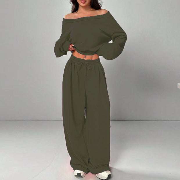 Fashion Slim-fit Off-the-shoulder Navel Solid Color Casual Pants Suit