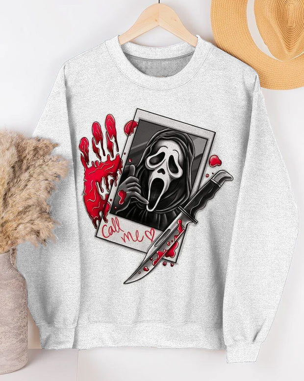 Halloween Ghost Face Horror Cartoon Print Long Sleeve Sweatshirt