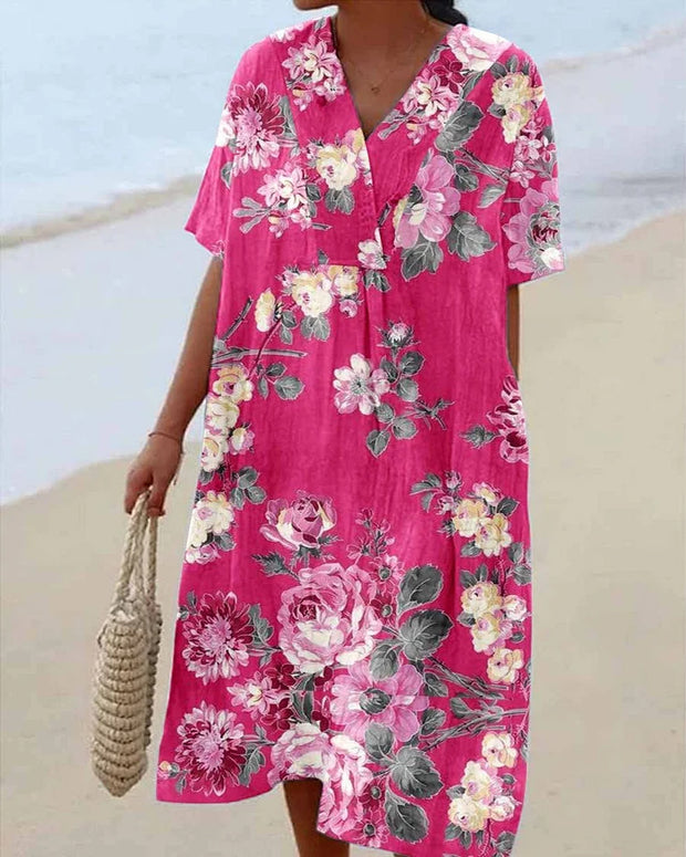 Women's Elegant Seaside Resort Rose Floral Print V-Neck Cotton and Linen Dress