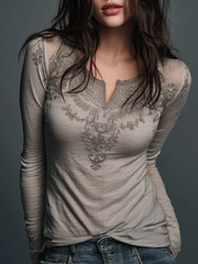 Bohemian Style Embroidered Gray Long-sleeved T-shirt