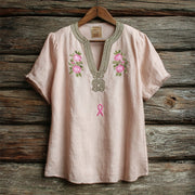 Floral Embroidery Pink Ribbon Awareness Women's Linen V-neck Shirt