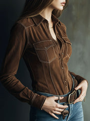 Western Brown Microsuede Button-Up Shirt With Pockets