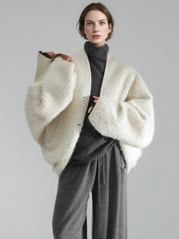 Old Money Style Batwing Sleeve Cardigan Coat for Women – Double-Faced Alpaca Wool Cape with Leather Trim and Speckled Dot Detail