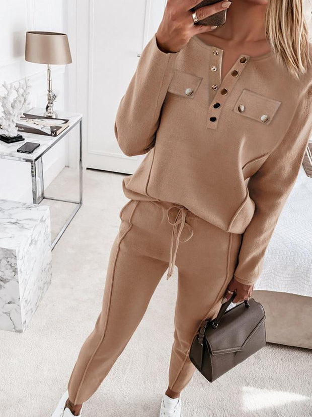 V-neck drawstring trousers set