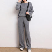 Ladies high waist wide leg pants solid color knitted suit