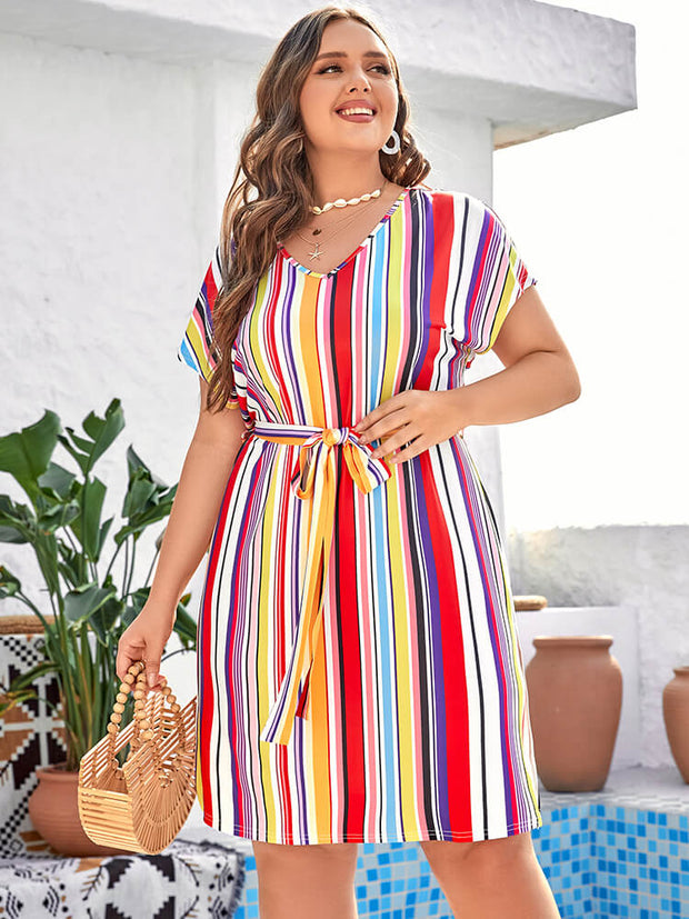 Plus Colorblock Striped Tie Dolman Sleeve Midi Dress