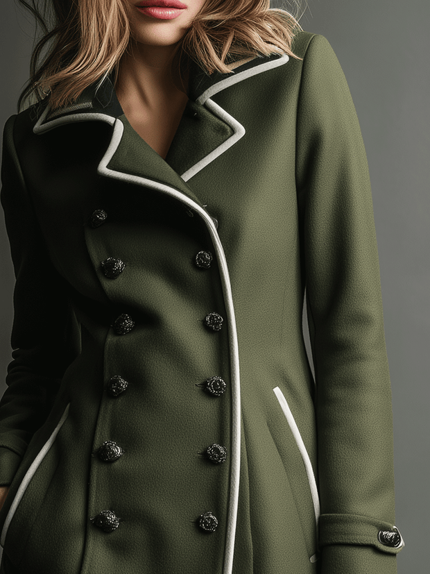 Military-Inspired Olive Trench White Trim Coat