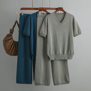 V-neck loose slit sweater straight-leg trousers two-piece set