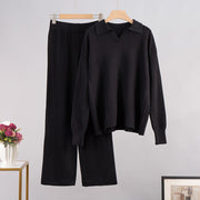 Polo Collar Knitted Pullover Wide-leg Trousers Two-pieces Set