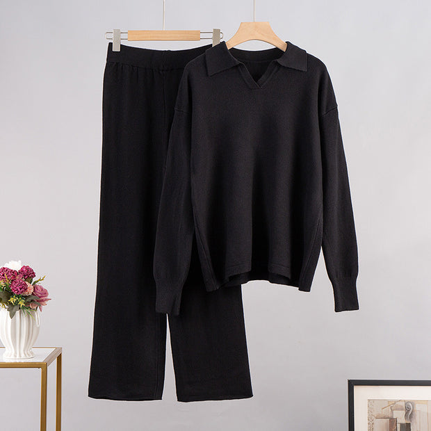 Polo Collar Knitted Pullover Wide-leg Trousers Two-pieces Set