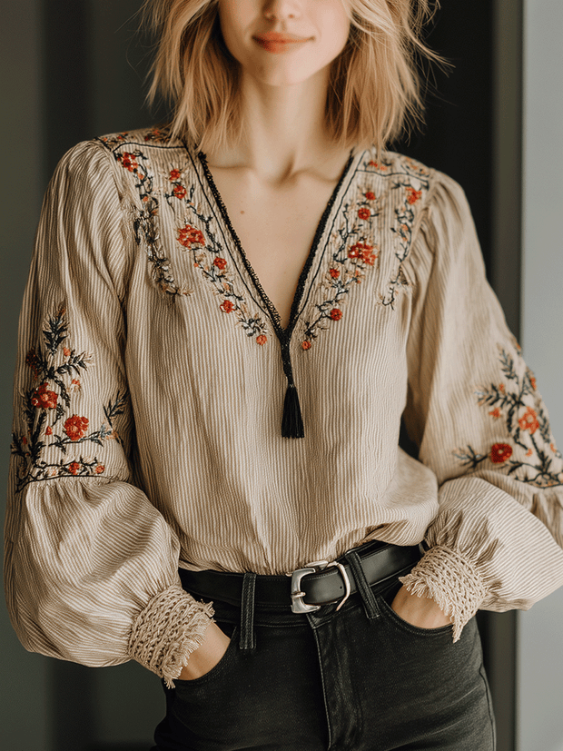 Floral Embroidered Boho Blouse