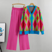 Knitted cardigan jacket wide leg pants two piece set