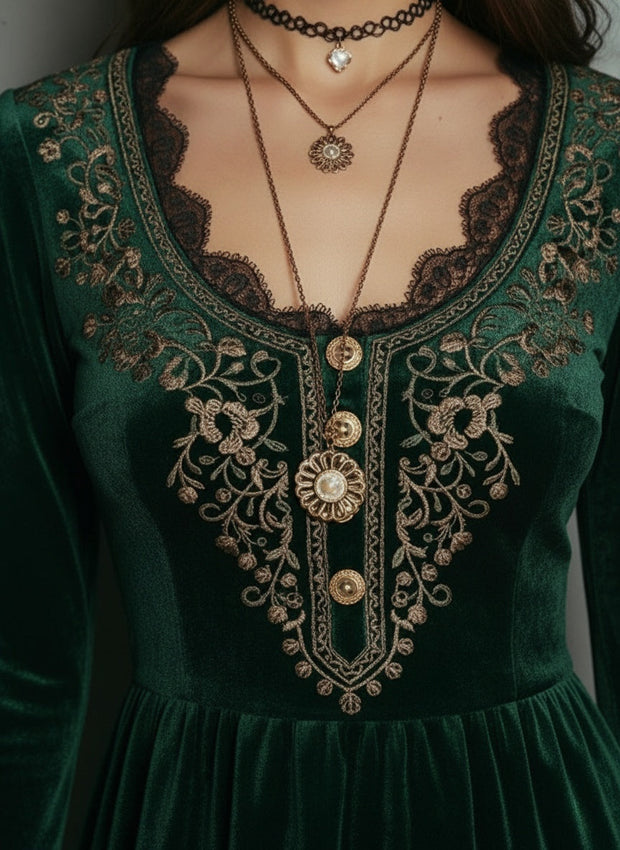 Emerald Velvet Embroidered Mini Dress