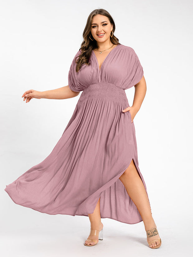 V-Neck Batwing Sleeve Pocket Ruched Waist Maxi Dress