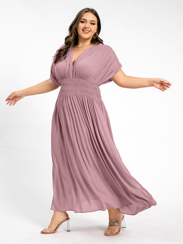 V-Neck Batwing Sleeve Pocket Ruched Waist Maxi Dress