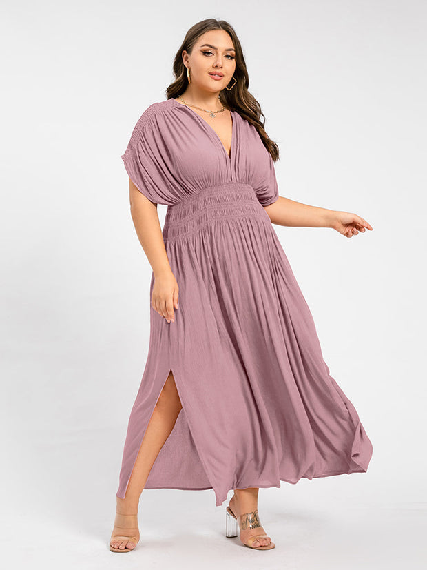 V-Neck Batwing Sleeve Pocket Ruched Waist Maxi Dress