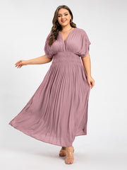 V-Neck Batwing Sleeve Pocket Ruched Waist Maxi Dress