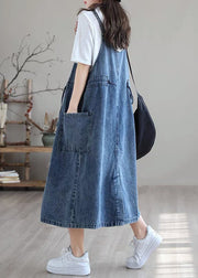 Plus Size Blue drawstring pocket Spaghetti Strap Cotton denim Dress Spring