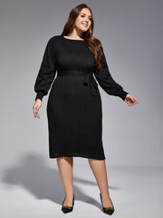 Plus Black Solid Tie Lantern Sleeves Midi Knit Dress