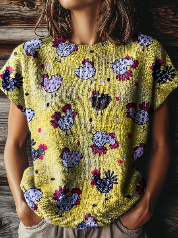 Women's Funny Chicks Print Casual Crew Neck Short Sleeve Knitted Sweater