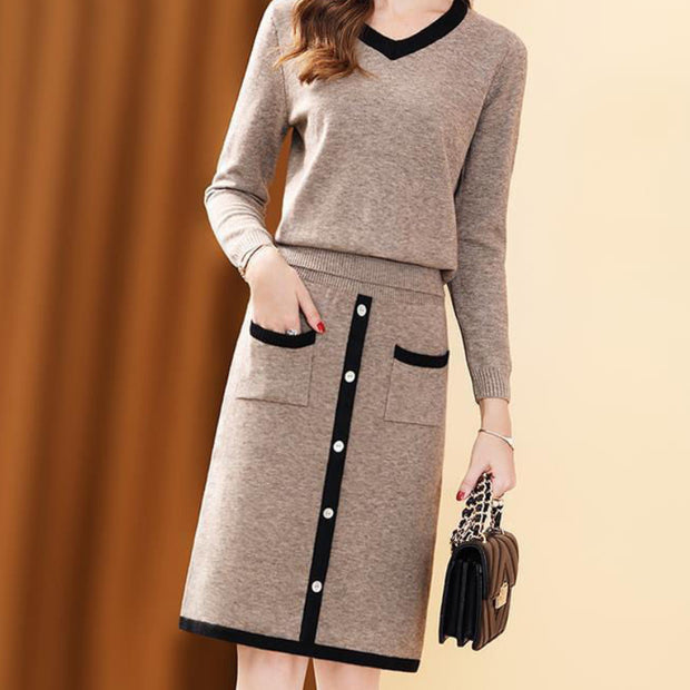 Elegant Color Block V-neck Woolen Set