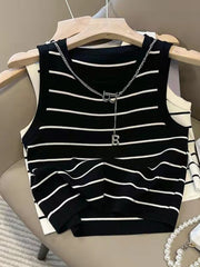 Summer Striped Knitted Sleeveless Top High Waist Navel Short Vest T-shirt Tops Tank Top Tops for Women White Corset Top