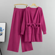 V-neck knitted cardigan jacket wide-leg pants two-piece set