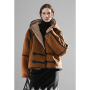 Reversible Women’s Suede & Shearling Coat – Luxury Hooded Duffle Toggle Jacket for Autumn/Winter