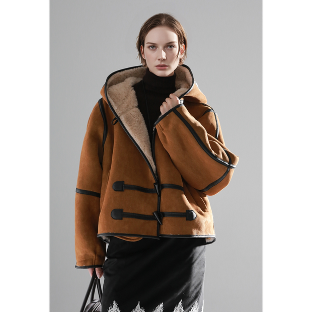 Reversible Women’s Suede & Shearling Coat – Luxury Hooded Duffle Toggle Jacket for Autumn/Winter