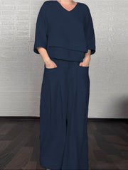 Women'S Casual Solid Color Irregular Cotton And Linen Shirt and Pats Suit
