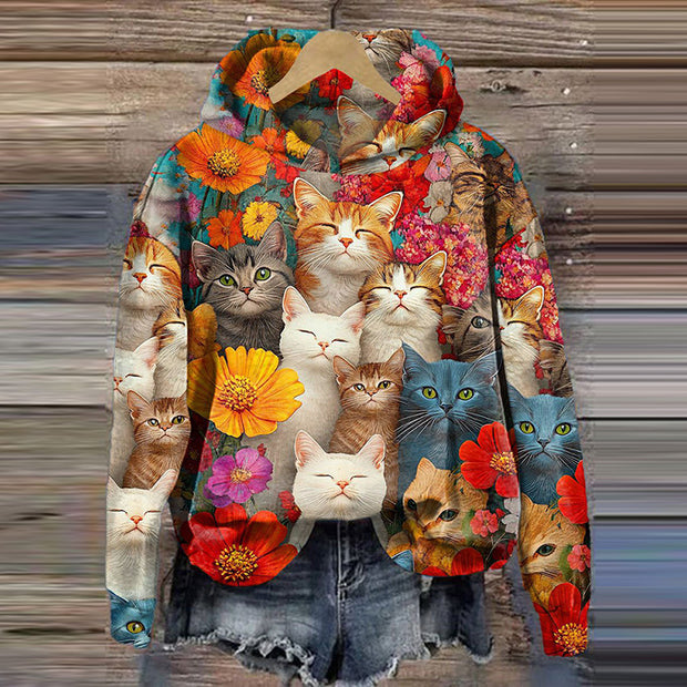 Women Colorful Cats And Floral Art Print Casual Hoodie