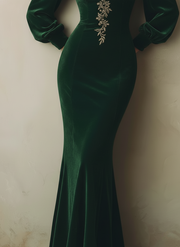 Emerald Green Velvet Square Neck Maxi Dress with Embroidered Detail