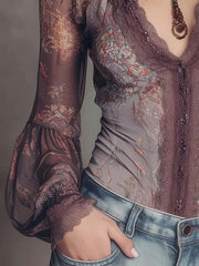 Bohemian Retro Lace Neck sheer Shirt