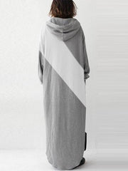 Contrasting Casual Zipper Hooded Sweatshirt Maxi Dress