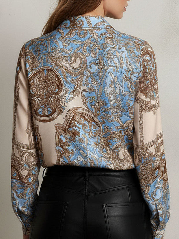 Vintage Baroque Pattern Print Satin Button-Down Shirt