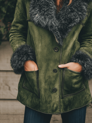 Boho Olive Faux Shearling Collar Suede Jacket