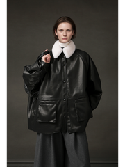 Women’s Biker-Style Shearling Down Jacket – Trendy Short White Goose Down Coat for Winter