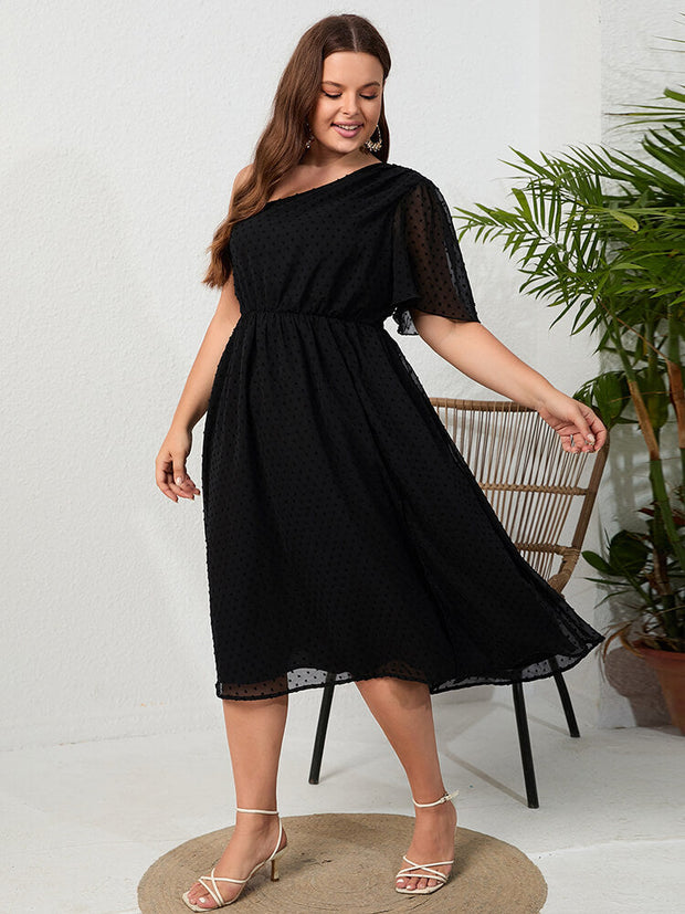 Plus Black Jacquard One Shoulder Ruffle Sleeve Elastic Waist Midi Dress