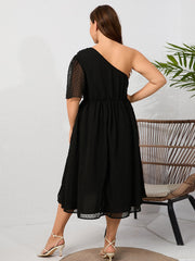 Plus Black Jacquard One Shoulder Ruffle Sleeve Elastic Waist Midi Dress