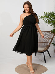 Plus Black Jacquard One Shoulder Ruffle Sleeve Elastic Waist Midi Dress