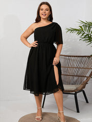 Plus Black Jacquard One Shoulder Ruffle Sleeve Elastic Waist Midi Dress