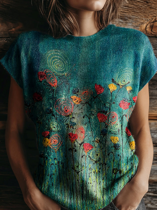Women's Floral Tattoo Pattern Art Print Casual Crew Neck Short Sleeve Knit Sweater