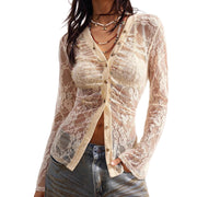 V-neck long-sleeved lace see-through Top